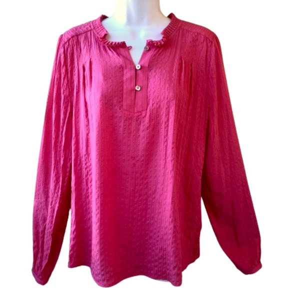 Tommy Hilfiger Blouse Coral Top Puckered Long Sleeve Neck Button Womens Large - Picture 14 of 14